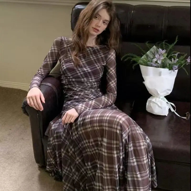French Sexy Lazy Plaid Long Sleeve Dress Women's Autumn New Elegant Waist-Cinching Slimming Midi Dress Polyester Fabric