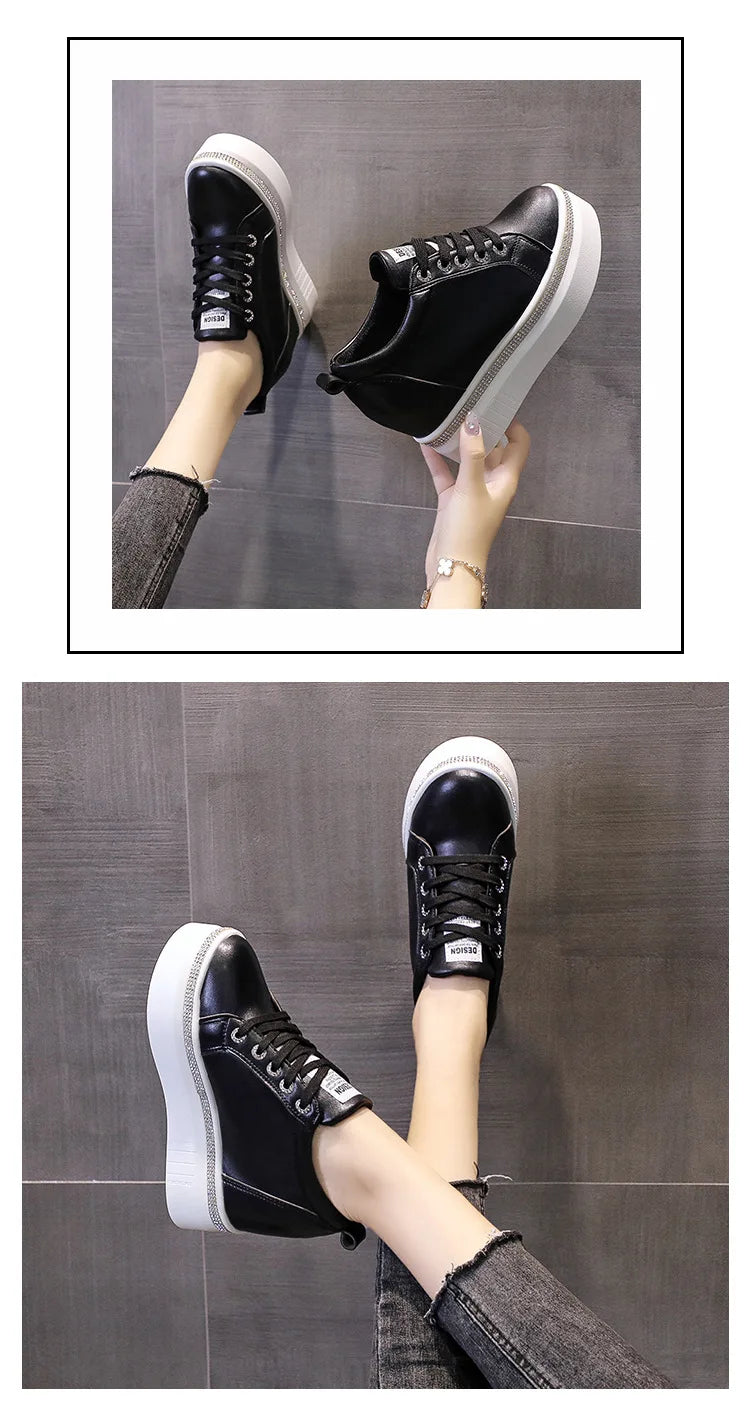 Comemore Internal High Vulcanised Shoes Women Spring Autumn Thick Bottom Casual Single Shoes Lace Up Black White Sneakers Women
