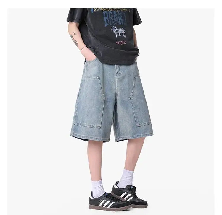 IEFB Workwear Men's Denim Shorts Multi Pocket Wide Leg Baggy Fit Casual Summer Streetwear Casual Cargo Jeans 9X2957