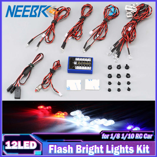 12 Ultra LED Flash Bright Light Strobe Lamp Kit System for 1/10 1/8 RC Car Drift TAMIYA CC01 4WD Axial SCX10 Truck D90 Model Toy