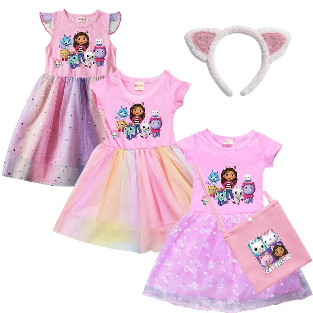 2024 Girls Summer Dresses Gabbys Dollhouse Girls Cat Tastic Costumes Kawaii Kids Birthday Party Princess Dress with Headwear Bag