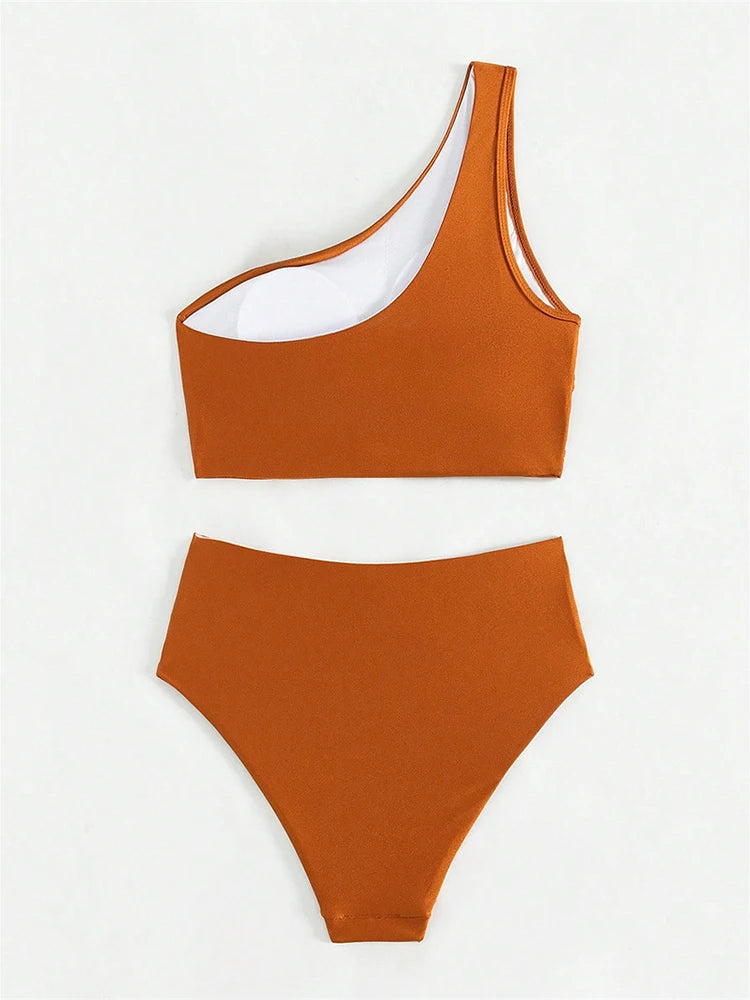 Circyy Single Shoulder Bikini Set Women Swimsuit Two-Piece Pleated Female Swimwear Bathing Summer Fashion High Waisted Beachwear