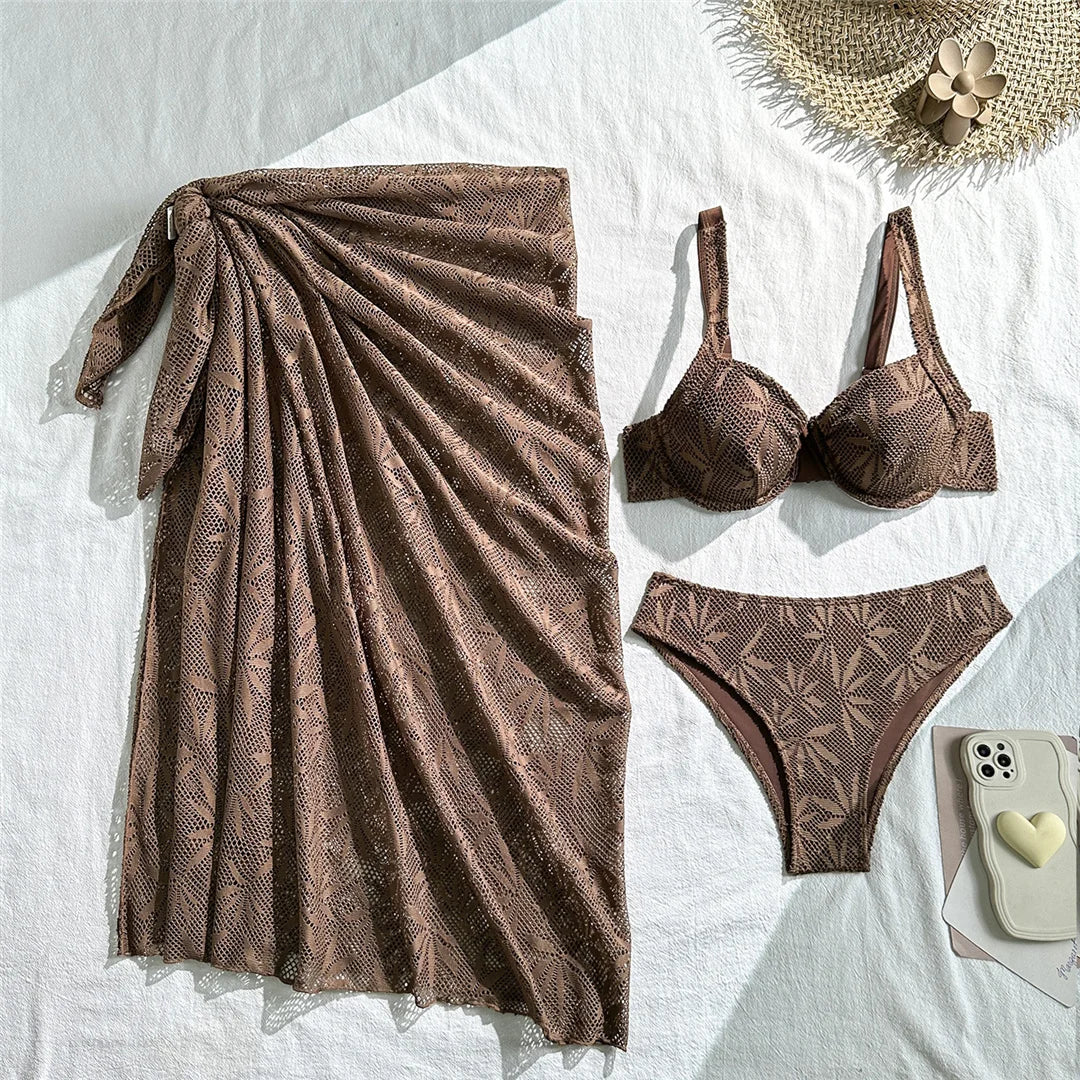 With Sarong Underwired Bikini Female Swimsuit Women Swimwear Three-Pieces Bikini Set Brazilian Bather Bathing Suit Swim V7936