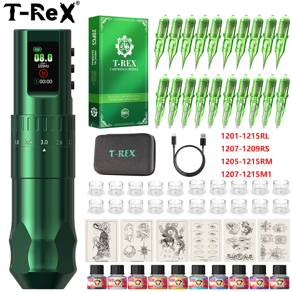 T-Rex D4 Wireless Tattoo Pen Complete Kit 2.0-4.2mm Adjustable Stroke Dot Work Mode 1600mAh Battery Full Tattoo Supplies Set