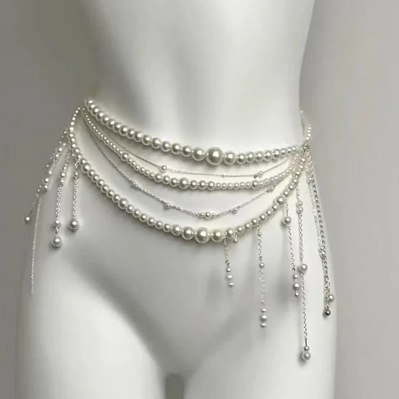 Sexy Geometric Pearl Waist Chain For Women Flower Tassel Double Layer Beads Chain Belt Streetwear Summer Fashion Body Jewelry