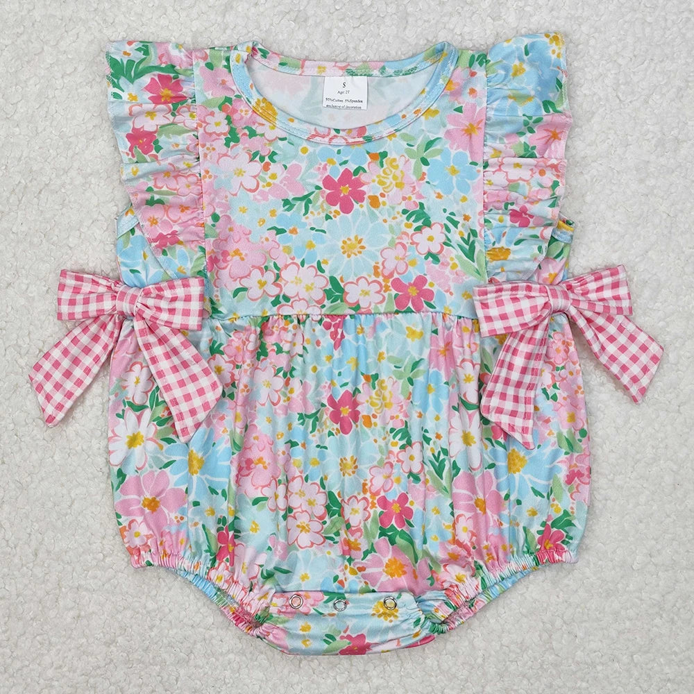 New Fashion Baby Girls Rompers Pink Checkered Flowers Short Sleeve Rompers Boutique Toddler Girls Bubbles Summer Baby Onesie Hot
