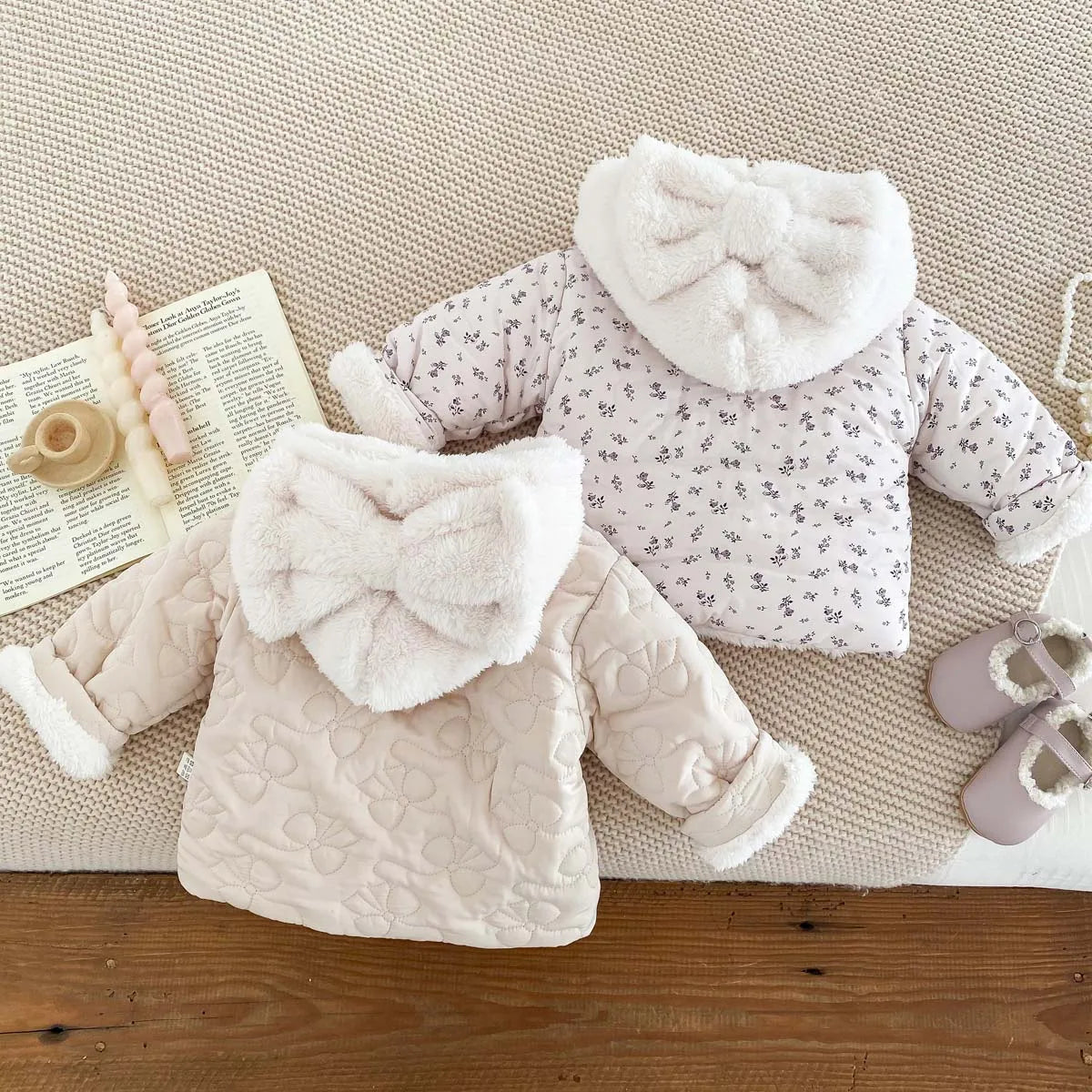 Baby fleece-lined Winter Men's and Women's Baby Clothes Bowknot Hooded Korean-style Newborn Warm Cotton-padded Jacket