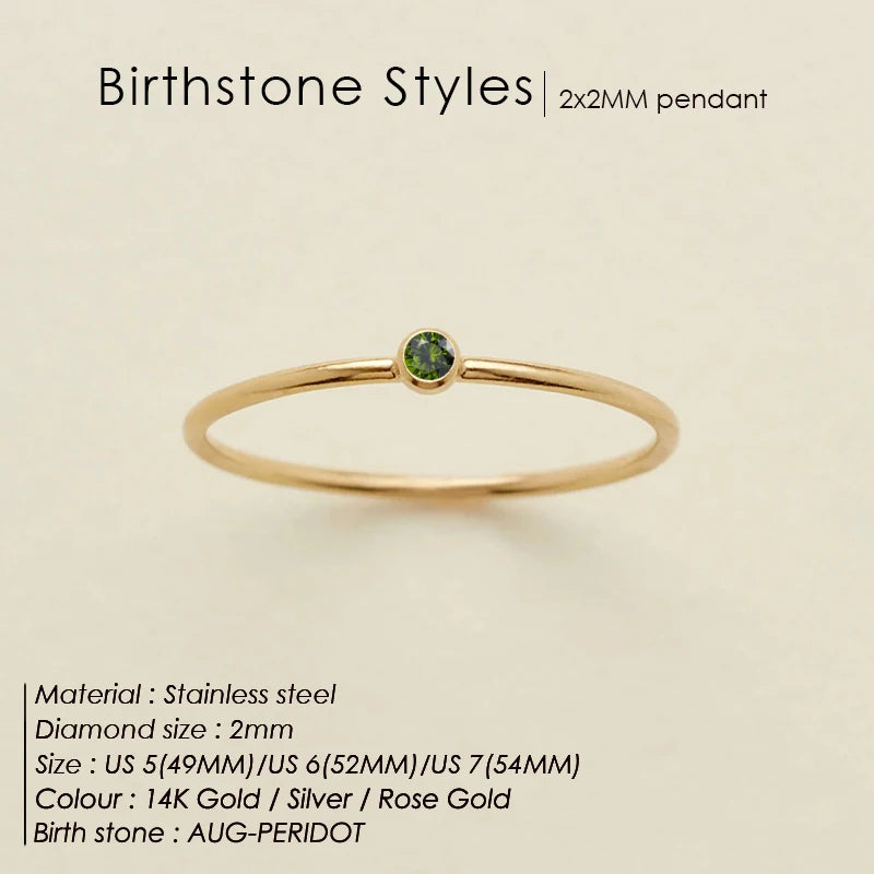 14K Gold Plated Stainless Steel Birthstone Ring for Women Tiny Thin Stacking Ring Colorful Zircon Crystal Aesthetic Jewelry Gift