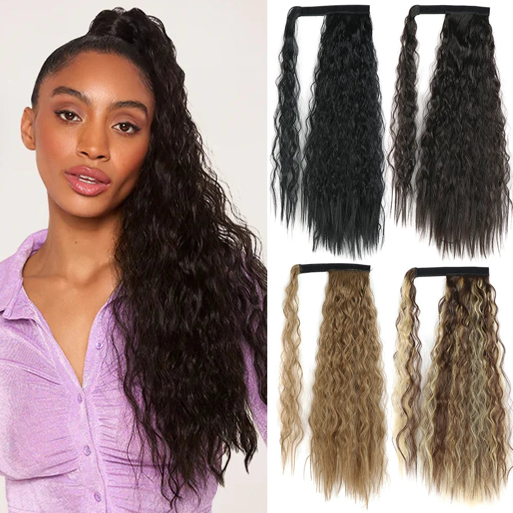 LANSA Synthetic Long Curly Ponytail Natural Puff Wrap Around Clip In Ponytails Hair Extensions Black Brown Ponytail For Women