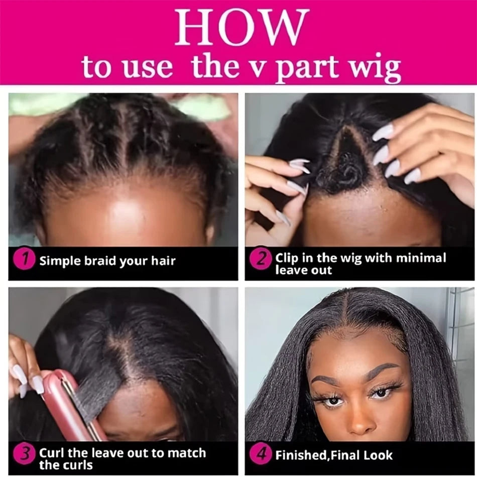 Kinky Straight V Part Wig Human Hair For Women with Drawstring 250% Density Upgrade Glueless U Part Wig No Leave Out No Sew In