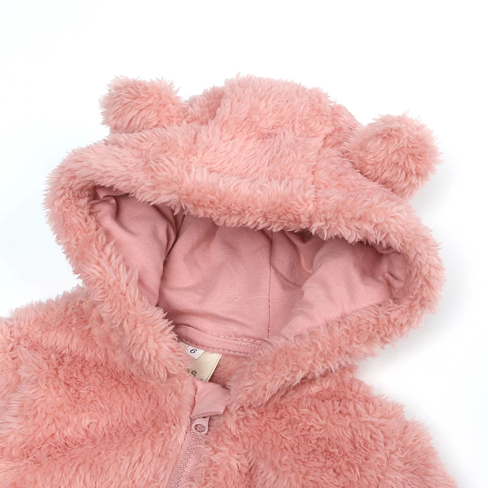 2026 Winter Baby Rompers Infant Fleece Bear Hooded Onesies Newborn Baby Boy Girl Zipper Jumpsuit Bodysuit Pyjamas