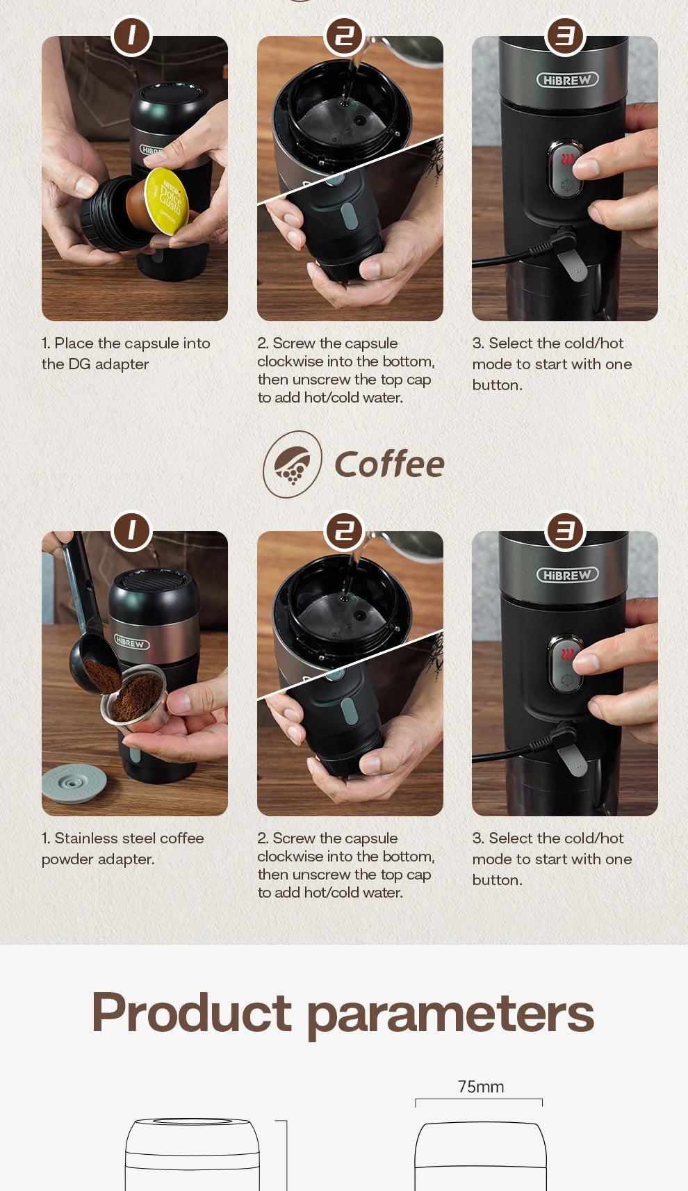 HiBREW Portable Coffee Machine Expresso Coffee Maker Fit Nexpresso Capsule Coffee Powder for Car Camping & Home Heat Water H4A