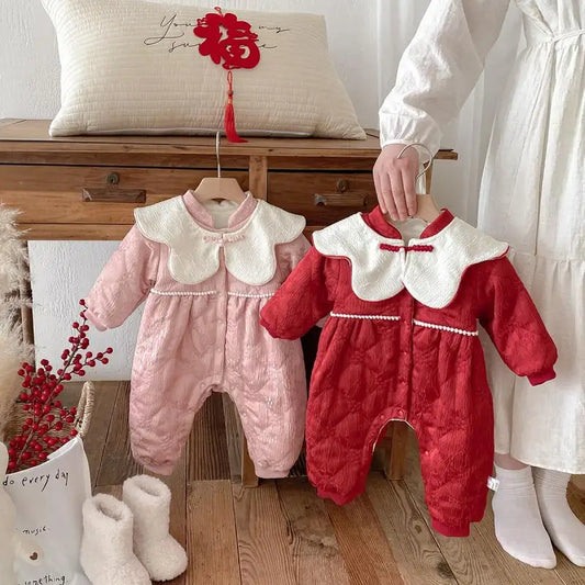 Baby Warm New Year Christmas Rompers 0-2 Year Old Korean Childrens Wear Winter Bodysuit Toddler Girls Sweetheart Outwear