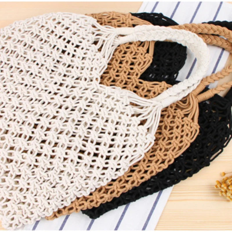 Fashion Crochet Bags for Women Summer Beach Tote Bag Raffia Aesthetic Totes Straw Handbag Bohemian Boho Woven Knit Shoulder Bag