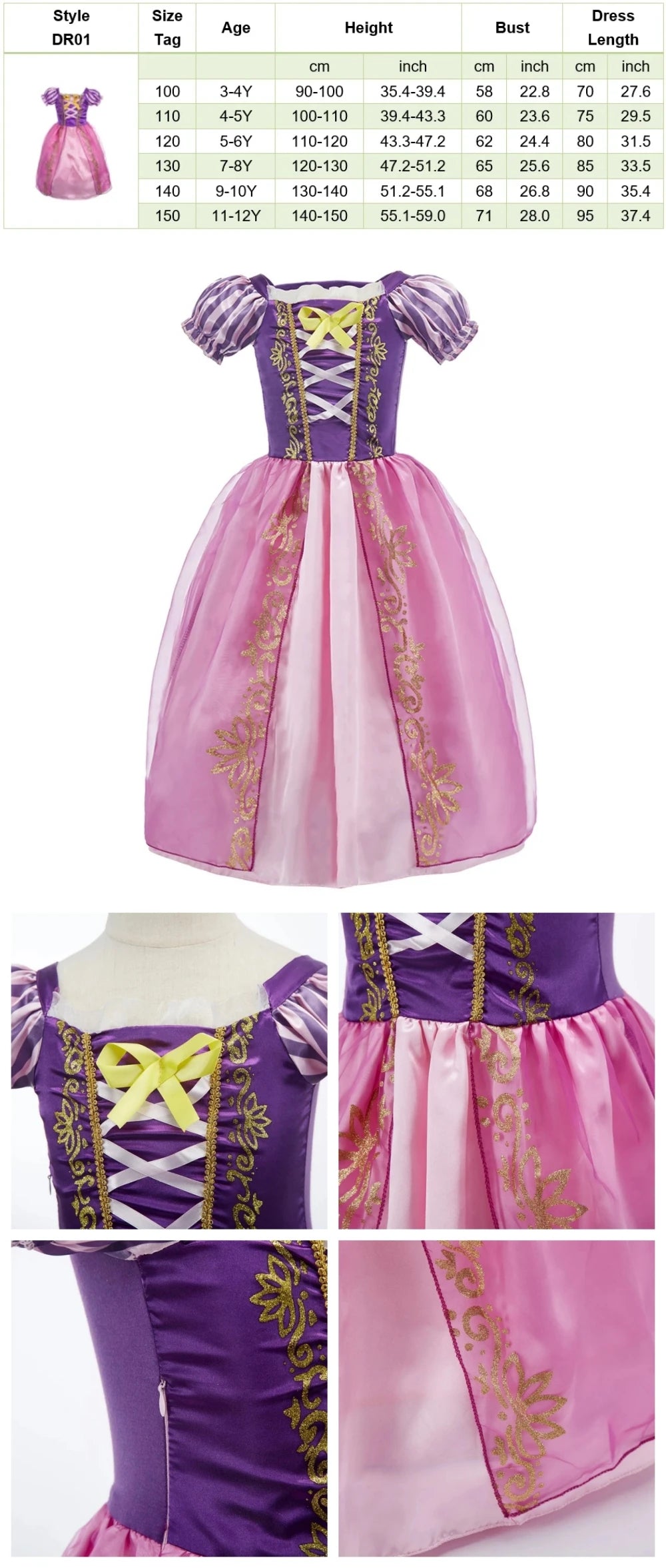 Halloween Birthday Dress Cinderella Snow White Aurora Rapunzel Princess Costume for Girls Kids 2-8Y