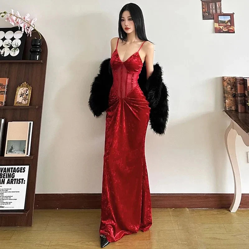 Fashion Velvet Women Camis Dress Y2K Sexy Slim Spaghetti Straps All Match Midi Dress Korean Chic Pleats Party Club Long Dress
