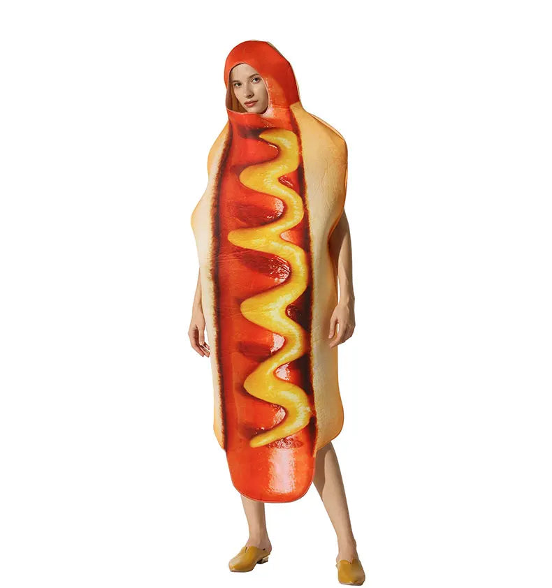 Halloween party costume, hot dog cosplay attire, stage performance outfit, one-piece dress, performance outfit