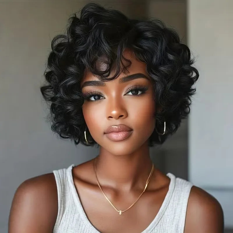 10Inch Curly Bob Pixie Wigs Human Hair 100% Natural Realistic Tangle Free Full Machine Made For Women Black Wig With Bangs