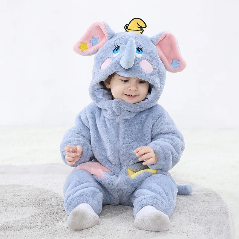 New Cute Elephant Newborn Baby Clothes Bodysuit Winter Flannel Boys Girls Romper Warm Cosplay Costume Outfit Hooded Jumpsui