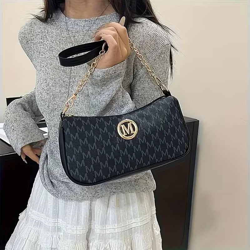 Fashion Ladies Geometric Print Chain Underarm Bag Metal Logo Decor Lightweight Shoulder Crossbody Handbag for Daily Use