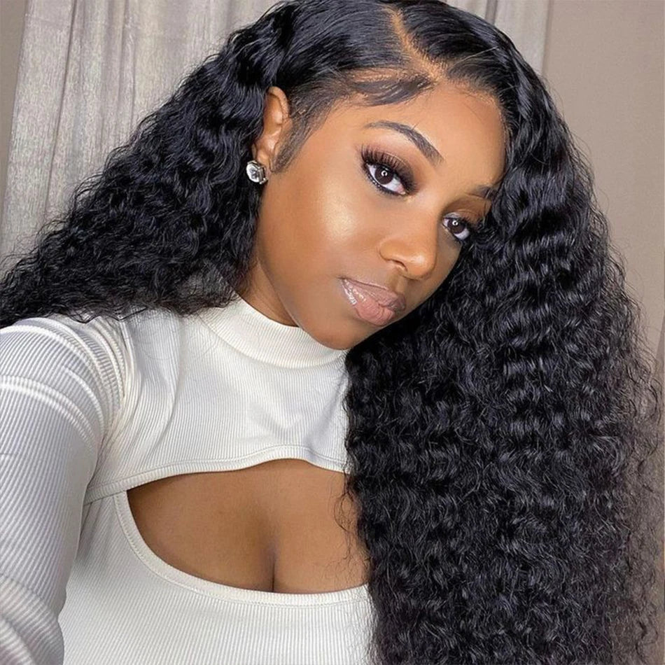 100% Human Hair Wet And Wavy HD Lace Frontal Wigs 250 Density Pull And Go Deep Curly Wave 13x4 HD Lace Frontal Drawstring Wigs