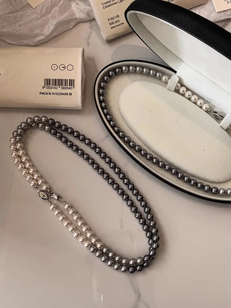 French Socialite White Gradient Gray Pearl Bead Necklace 2024 Fashion Jewelry Sets For Women's Sexy Collarbone Chain Accessories