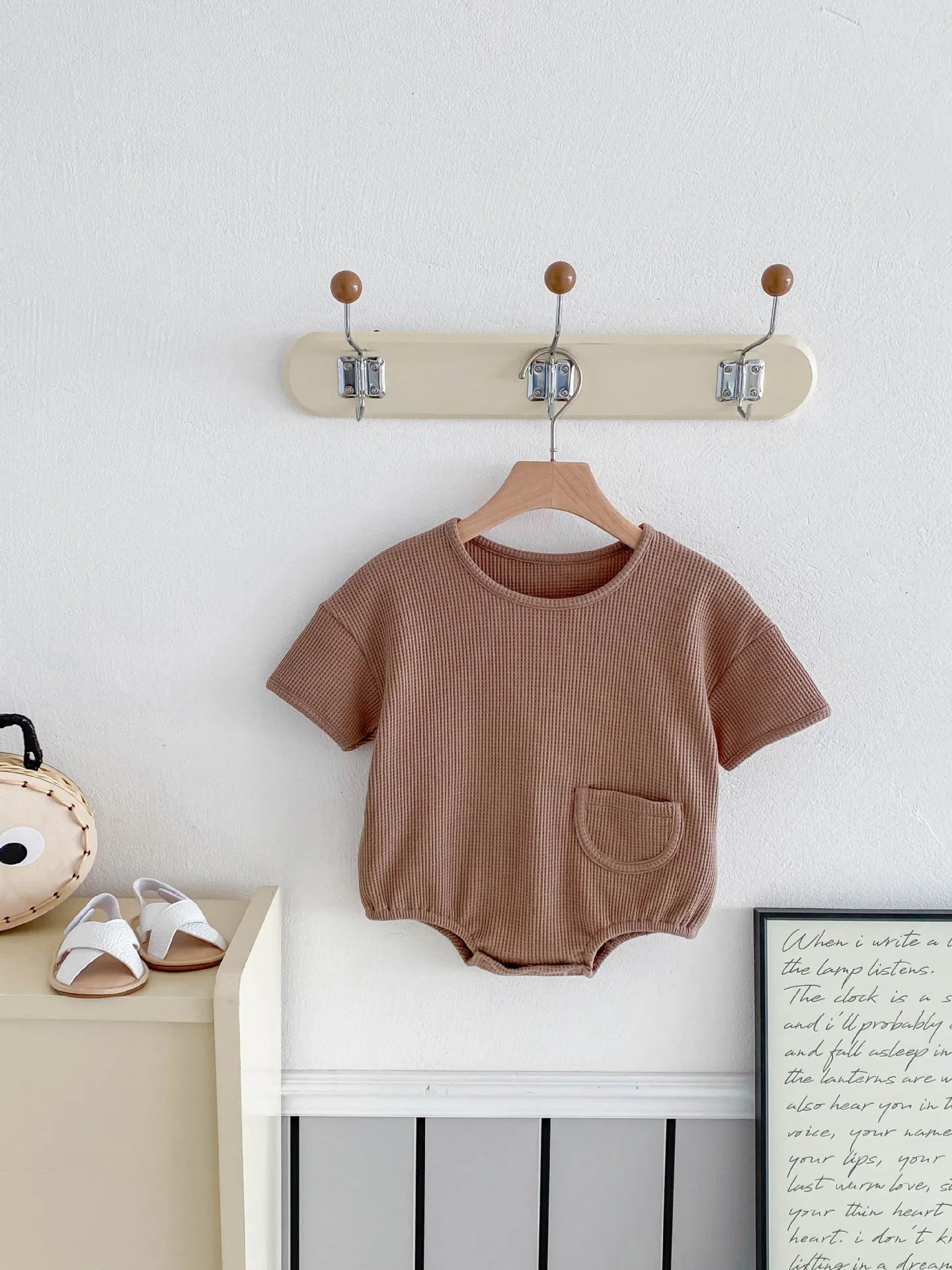 New Korean Style Baby Summer Cotton Simple Comfortable Short - Sleeve Waffle - Knit Onesie with Small Pocket Decoration Romper