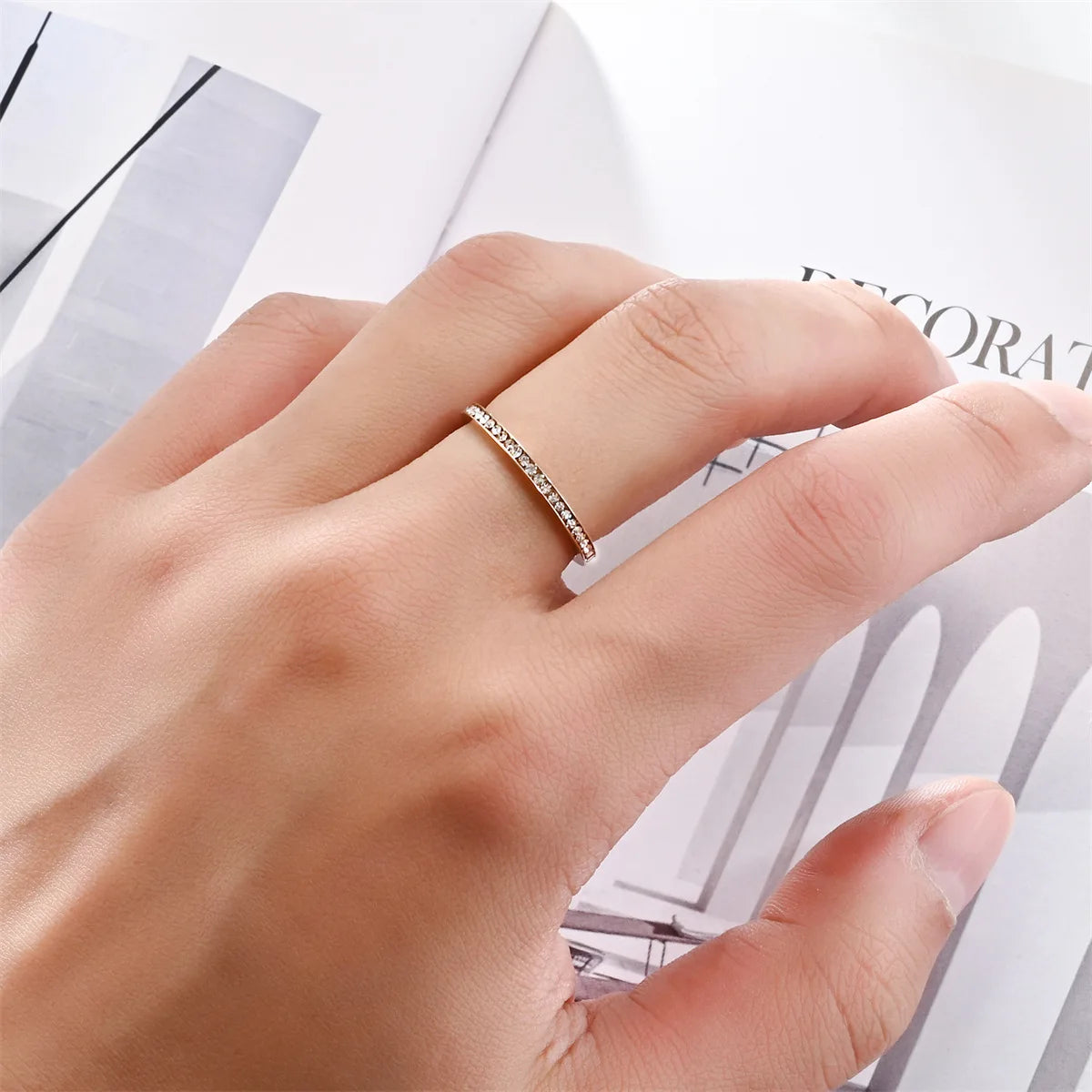 Unisex Luxury 2mm Stainless Steel Cubic Zircon Ring Gold Silver Color Adjustable Statement Band for Men And Women US Size 5-11