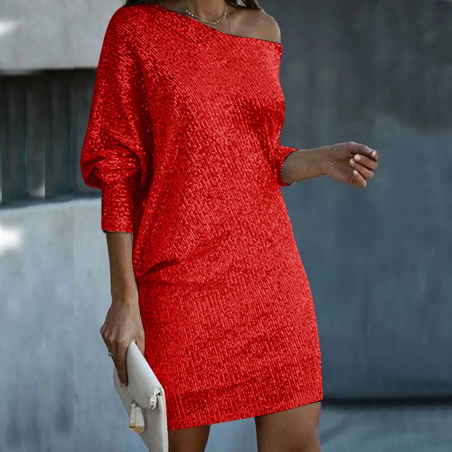 Sequined Party Dresses Women's Sexy One Shoulder Ankle Length Midi Dress Pullover Solid Color Evening Club Party Dress For Women