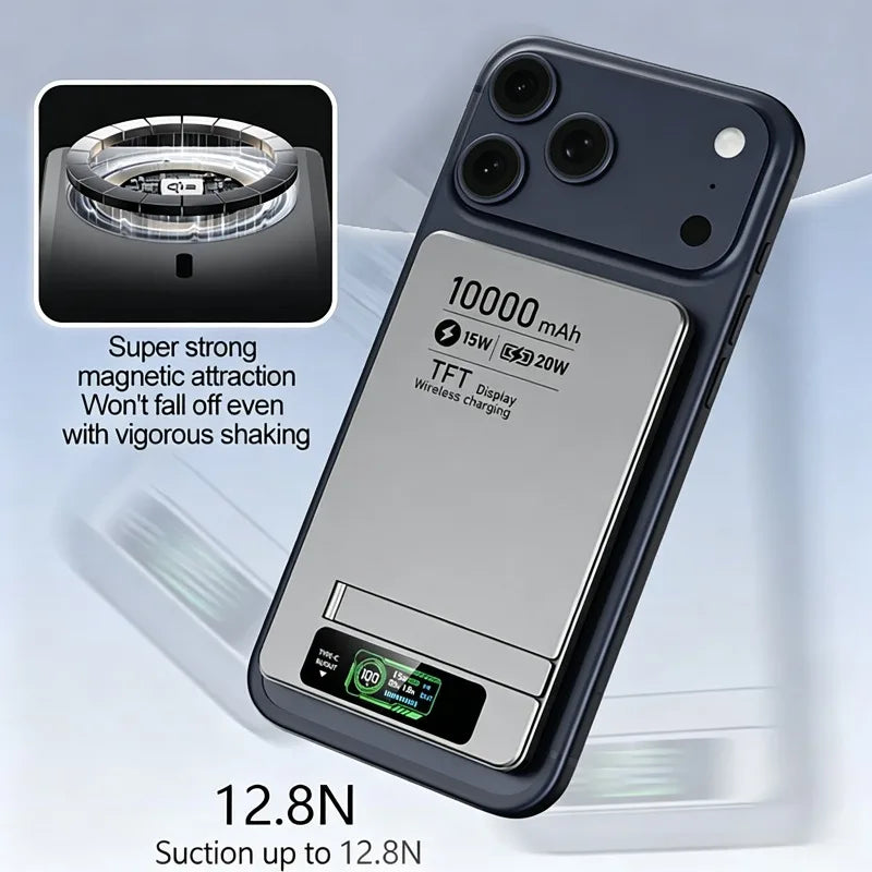 5000/10000mAh Slim and Portable Magnetic Power Bank with Bracket TFT Digital Display Wireless Fast Charging for Phones Watches