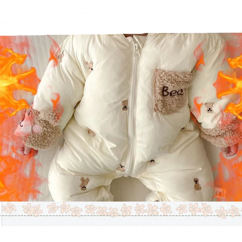 New Winter Thick Keep Warm Boys Girls Rompers Lined With Velvet Cartoon Bear Pattern Hooded Bodysuits For 1-2 Years Old Kids