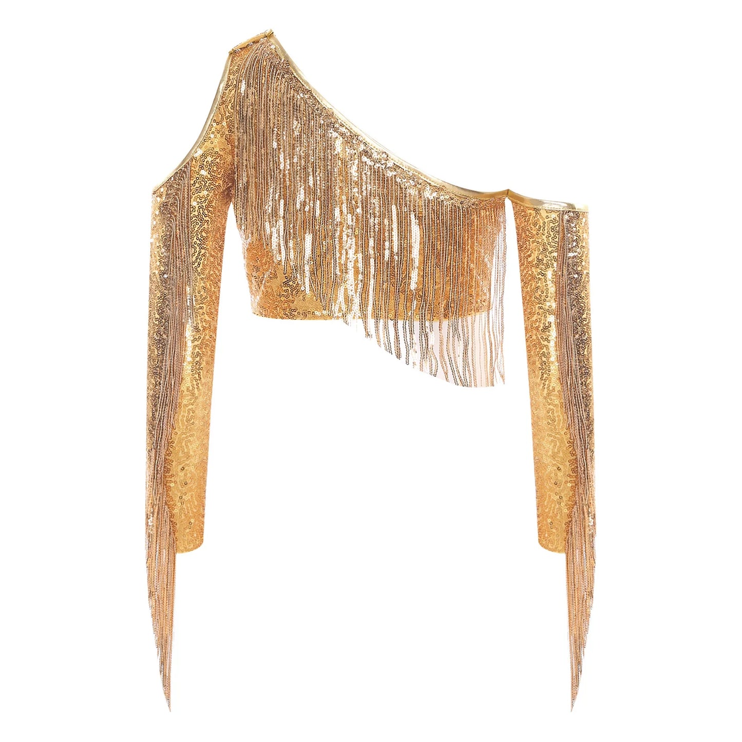 Children's One Shoulder Tassels Tops Streetwear Kids Girls Sequins Crop Top T-shirts Fashion Shiny Stage Performance Costume