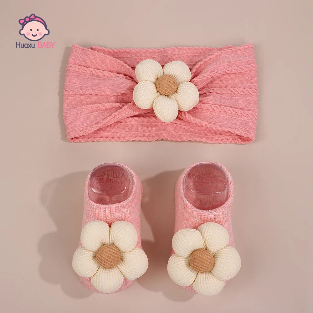 2Pcs Set Baby Floral Headbands and Socks Knitted Flower Elastic Hairbands Cute Newborn Girls Photo Props Baby Hair Accessories