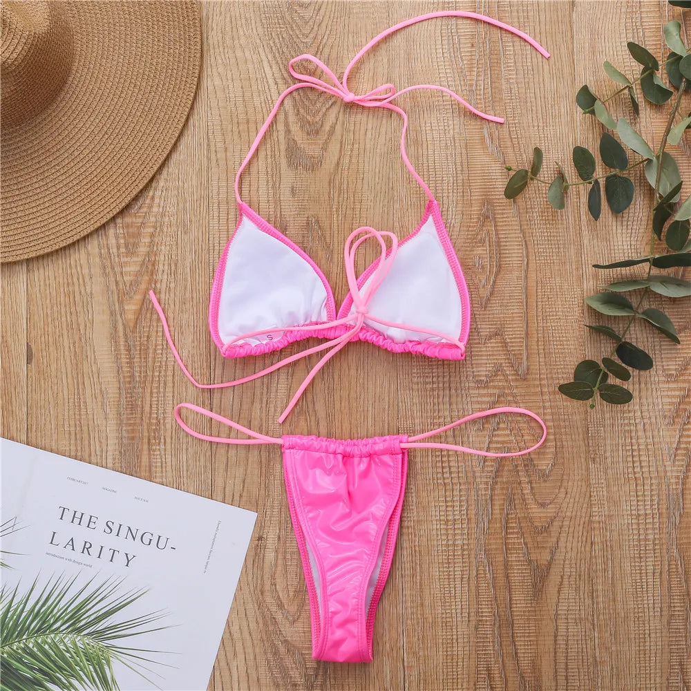 Shiny PU Mini Micro Bikini 2025 Women Swimsuit Female Brazilian Swimwear Two Pieces Bikini Set High Cut Bathing Suit Swim Lady