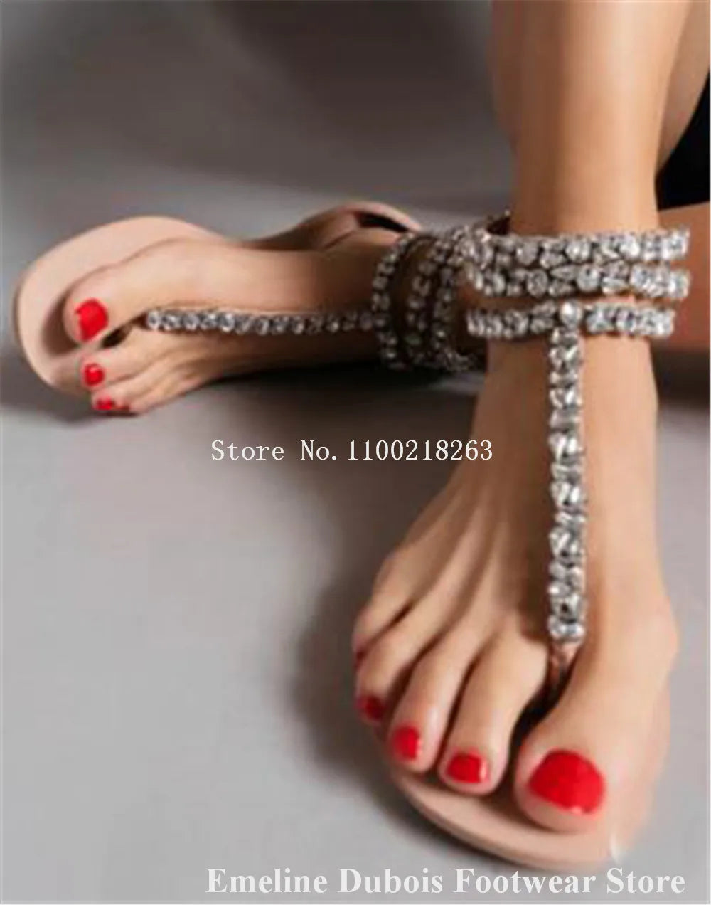 Bing Bling Rhinestones Flat Sandals Emeline Dubois Newest Clip Toe Diamonds T-straps Flat Shoes Black Beige Crystals Beach Shoes