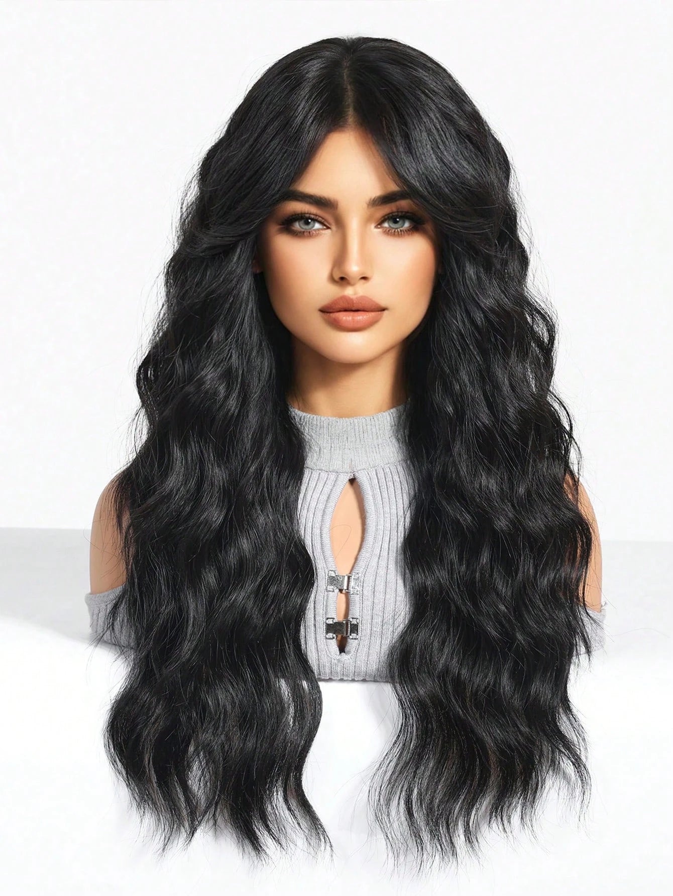Long Wavy Women's Wig with Bangs, Black Wig, Curtain-Style Bangs Wig, Layered, 24inch Inches Long, Black Curly Wig, Exclusively for Women, Natural-Looking Synthetic Wig, Suitable for Daily Use, Parties, and Cosplay