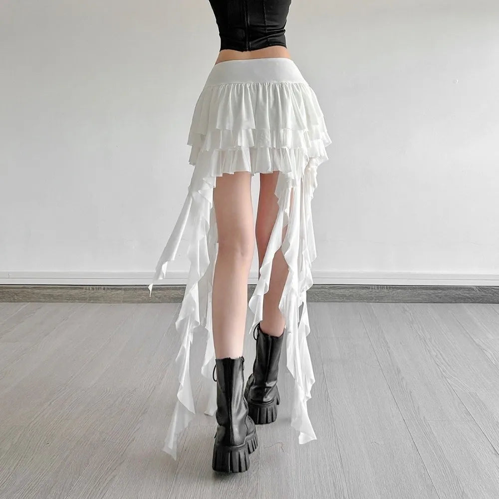 Casual High Waist Women's Tiered Skorts Layered Asymmetrical Hem Mini Skirt Ruffled Flowy Goth Skirt Summer Wear