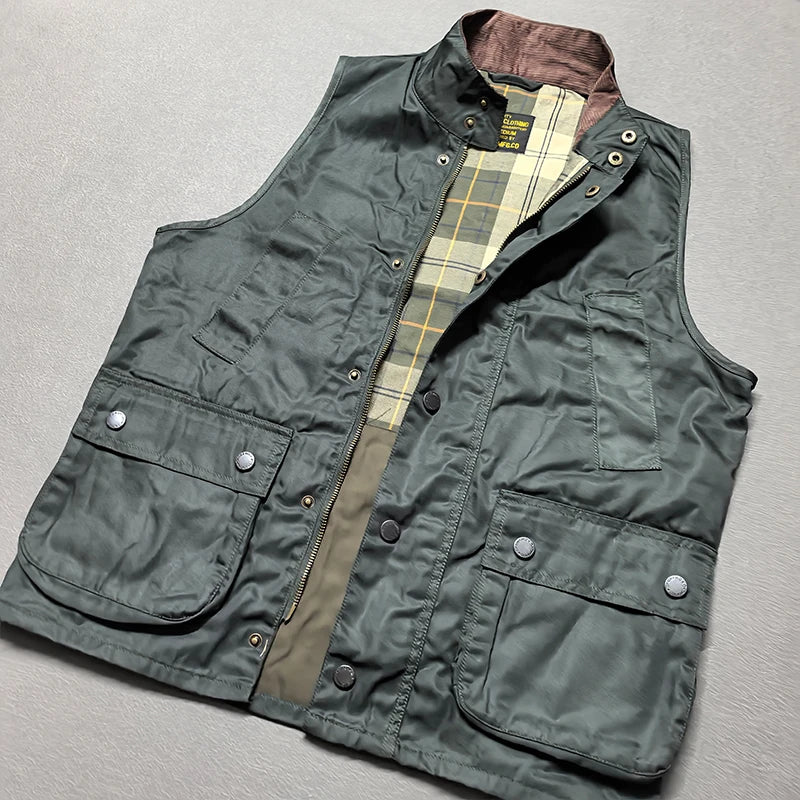 2026 Autumn Winter New American Retro Sleeveless Cargo Vest with Oil Wax Men's Multi-pockets Casual Heavyweight Waterproof Coat