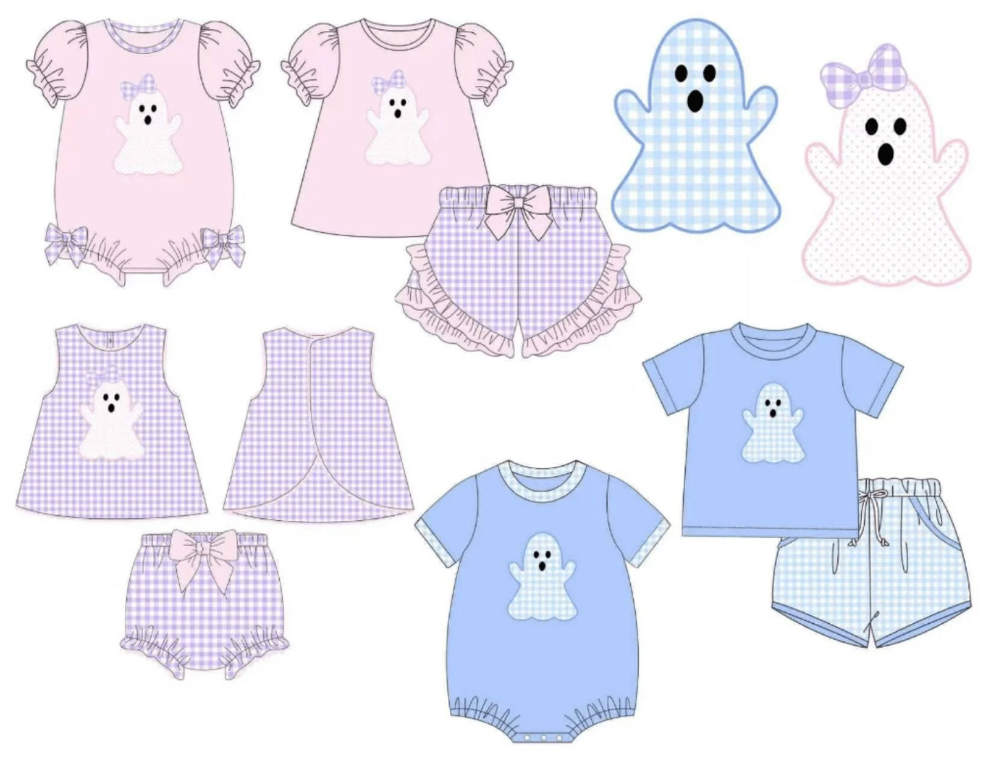 Halloween New Cartoon Print Girls' Pink Short-Sleeve Top and Purple Plaid Shorts Boys' Blue Series Boutique Set and Romper