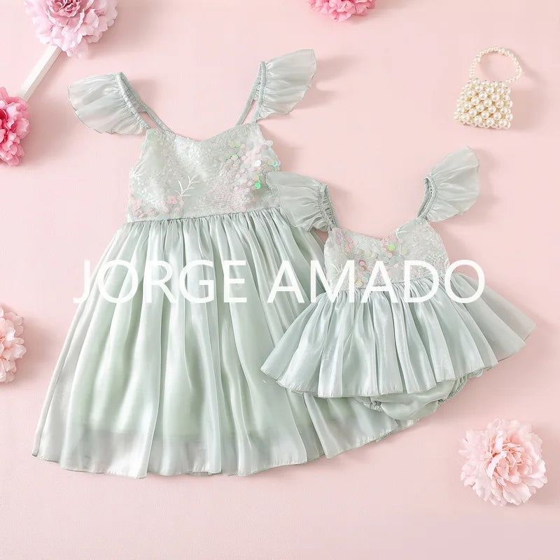 New Summer Sister Girl Matching Romper Dress Short Sling Sleeves Big Bow Bodysuit Sequined Princess Dresses Twins Clothing H1518