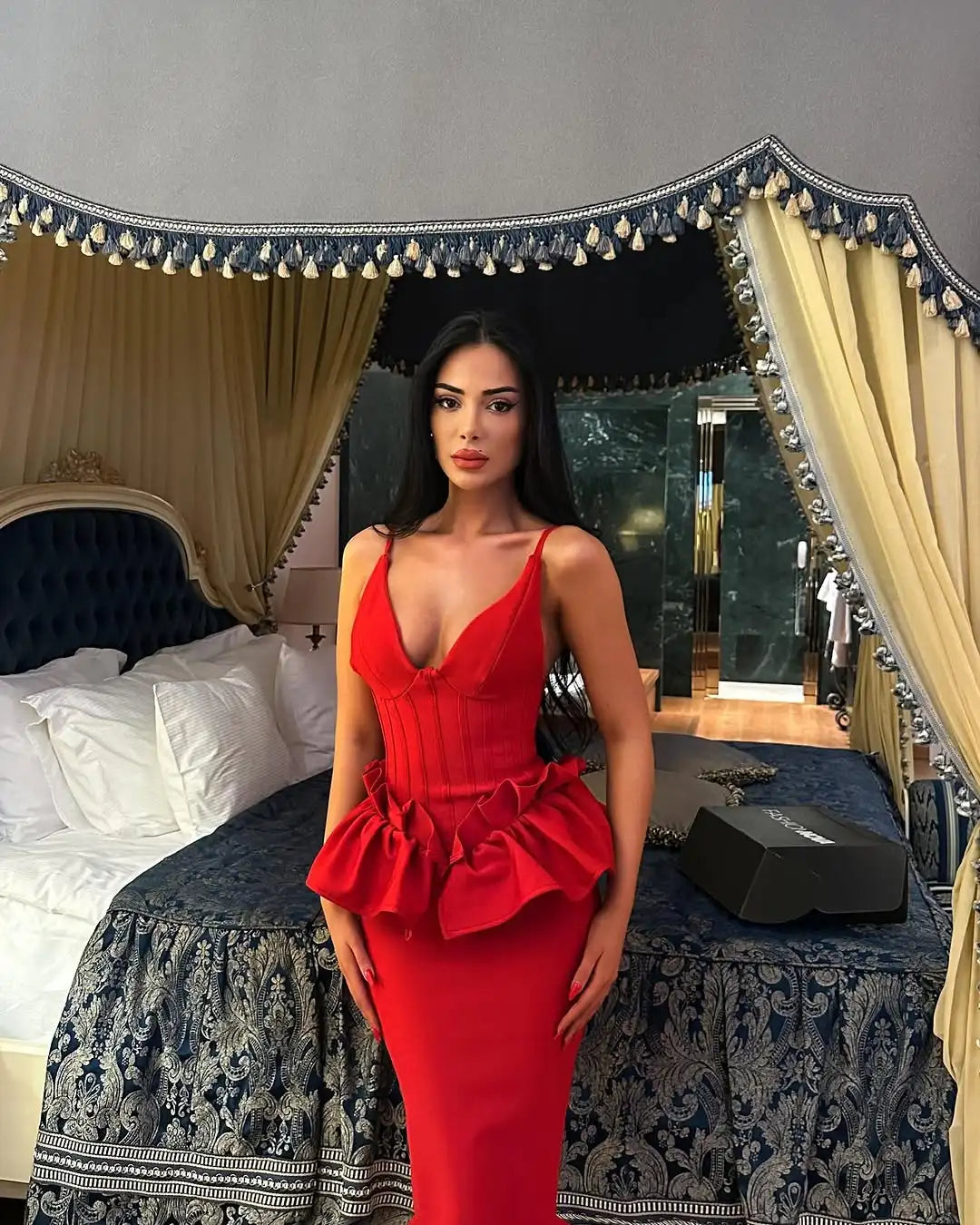Valentine's Day Women Sleeveless V-Neck Ruffles Bodycon Long Bandage Dress Celebrate Evening Party Birthday Cocktail Dress