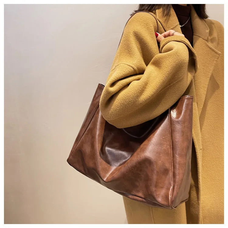 Women Tote Bag Fashion Underarm Pouch Large Capacity Soft Pu Leather Shoulder Bag Retro Crossbody Bag Casual Portable BucketBags