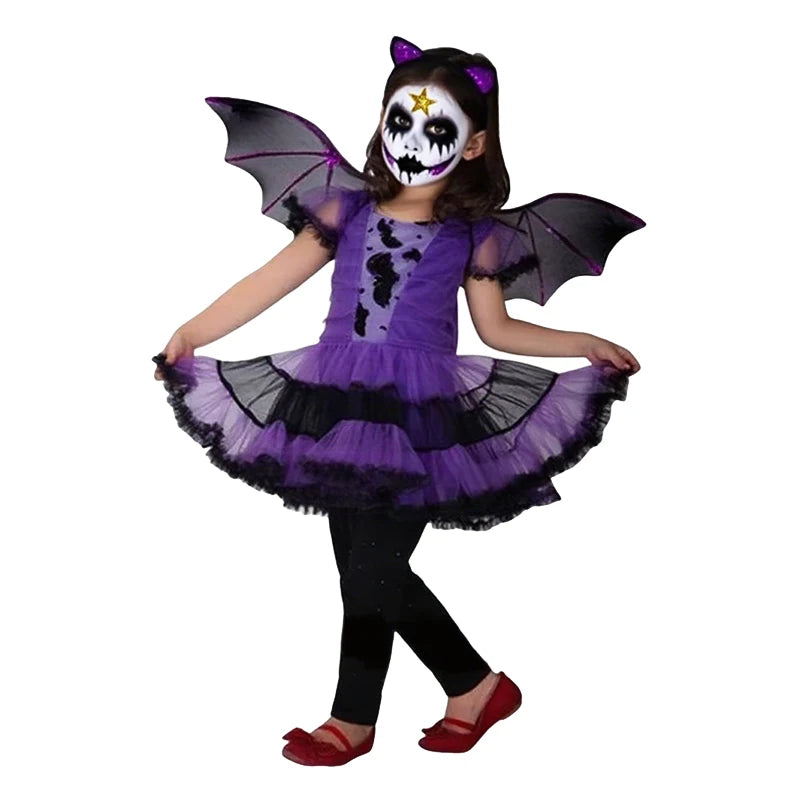 2-12T Halloween Costume for Kids Girls Purple Bat Dress Carnival Vampire Costume Witch Cosplay Clothes Carnival Party Gifts