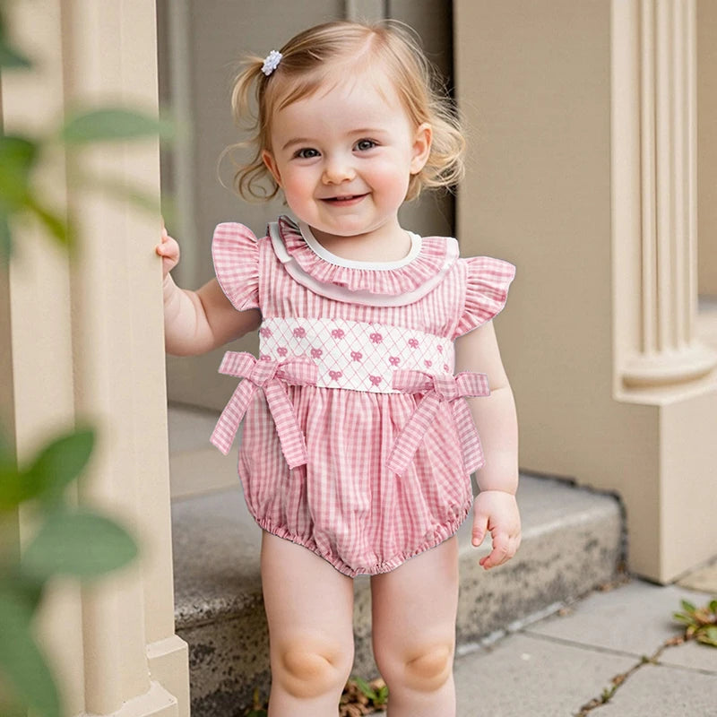 Infant Baby Girl Summer Romper Outfit Ruffle Short Sleeve Bodysuit Bow Embroidery Plaid Jumpsuit 0-18M