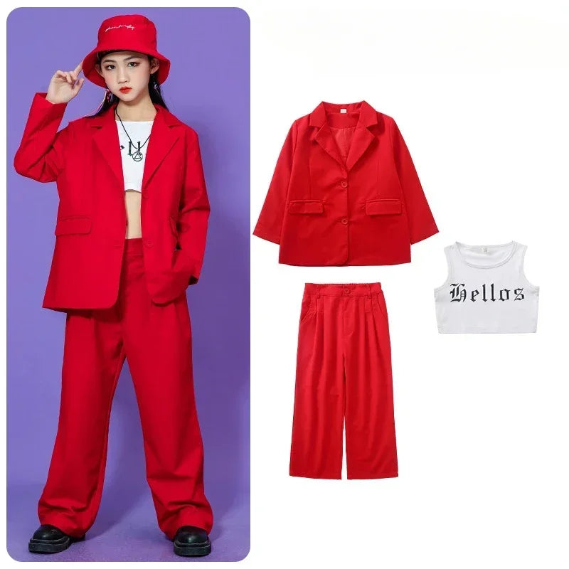 Kids Hip Hop Dance Costume Boys Girls Blazer Pants Set Streetwear Outfit for Stage Performance Competition Jazz Dance Photoshoot