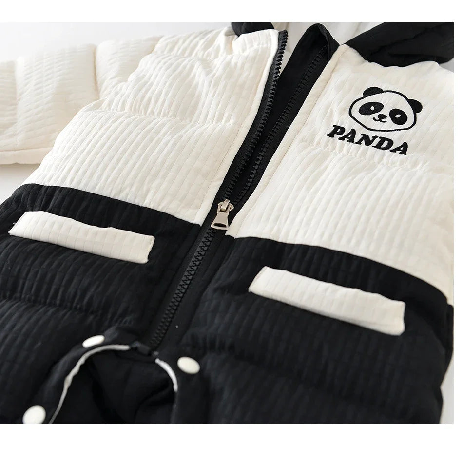 2024 Winter Baby Long Sleeve Warm Hooded Romper Cute Panda Print Newborn Plus Velvet Thick Jumpsuit Infant Girl Boy Warm Clothes