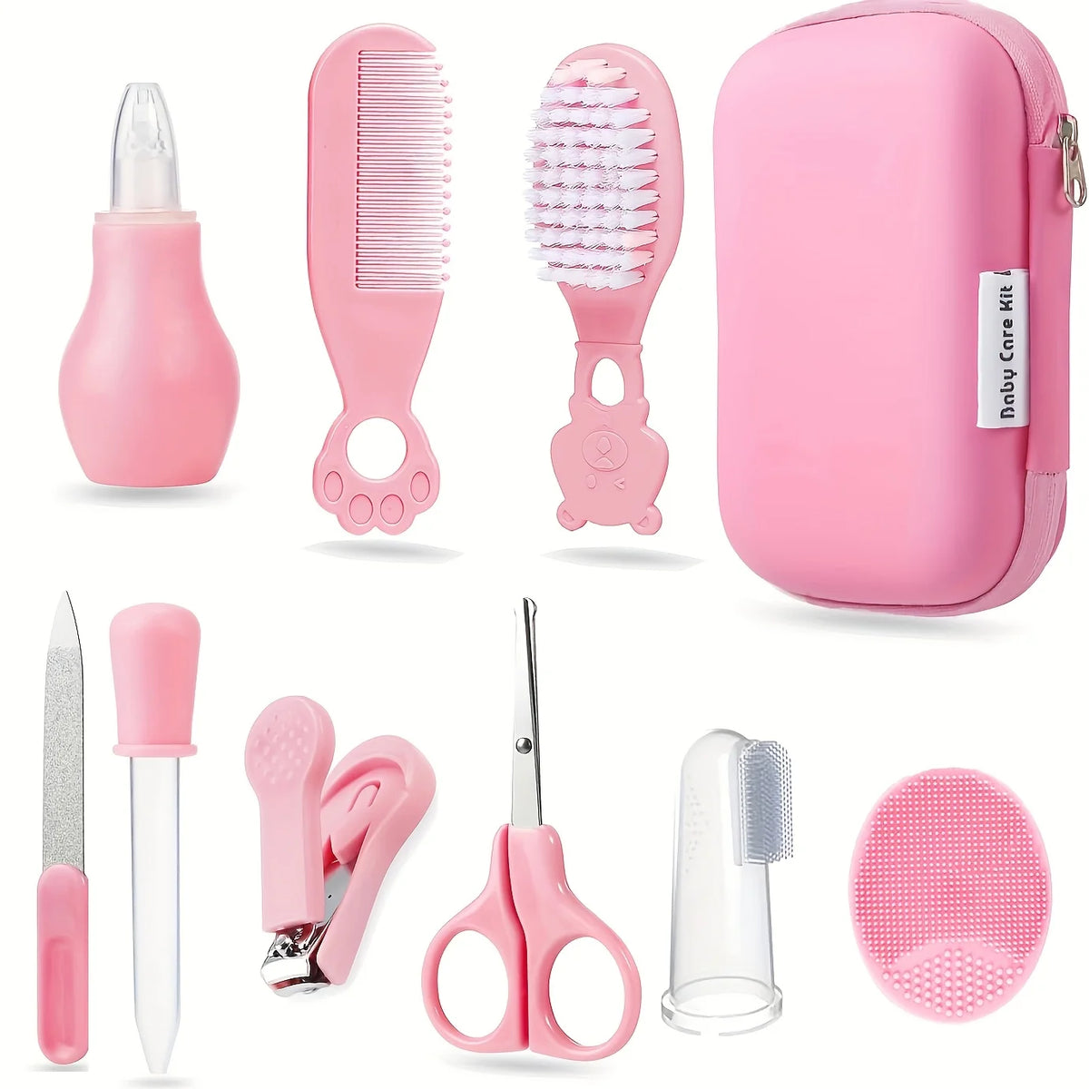 9pcs/pack Baby Grooming Kit with Travel Case, Safety Care Set with Feeding Dropper, Nose Cleaner, Nail Clippers, Comb, Brushes,
