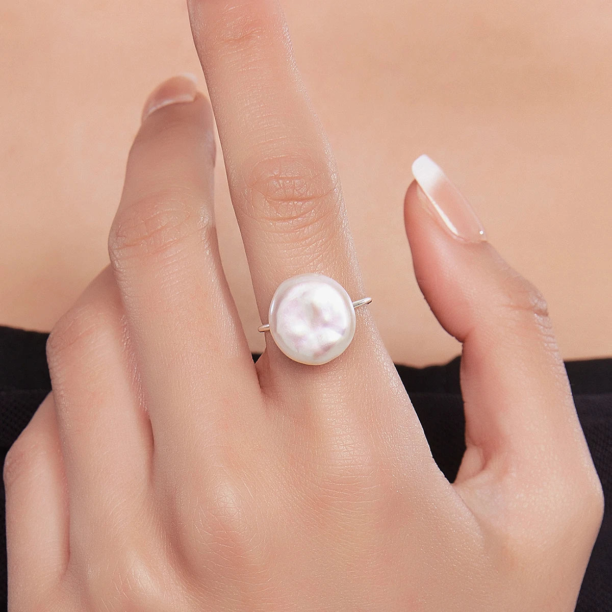 HENGSHENG Summer Fashion 12-13mm Large Button Shape Natural Freshwater White Pearl Ring Jewelry Gift for Women Girls  S925 Rings