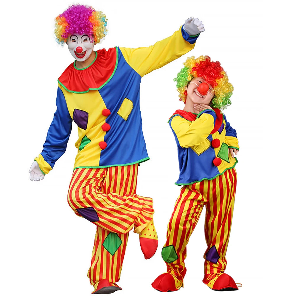 Halloween Costumes Kids Adults Circus Clown Joker Cosplay Outfits Colorful Fancy Clothes Party Entertaining Dress Up