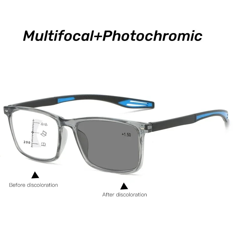 Color Changing Multifocal Presbyopia Glasses TR90 Sports Bifocal Near Far Sight Eyewear Finished Photochromic Reading Eyeglasses